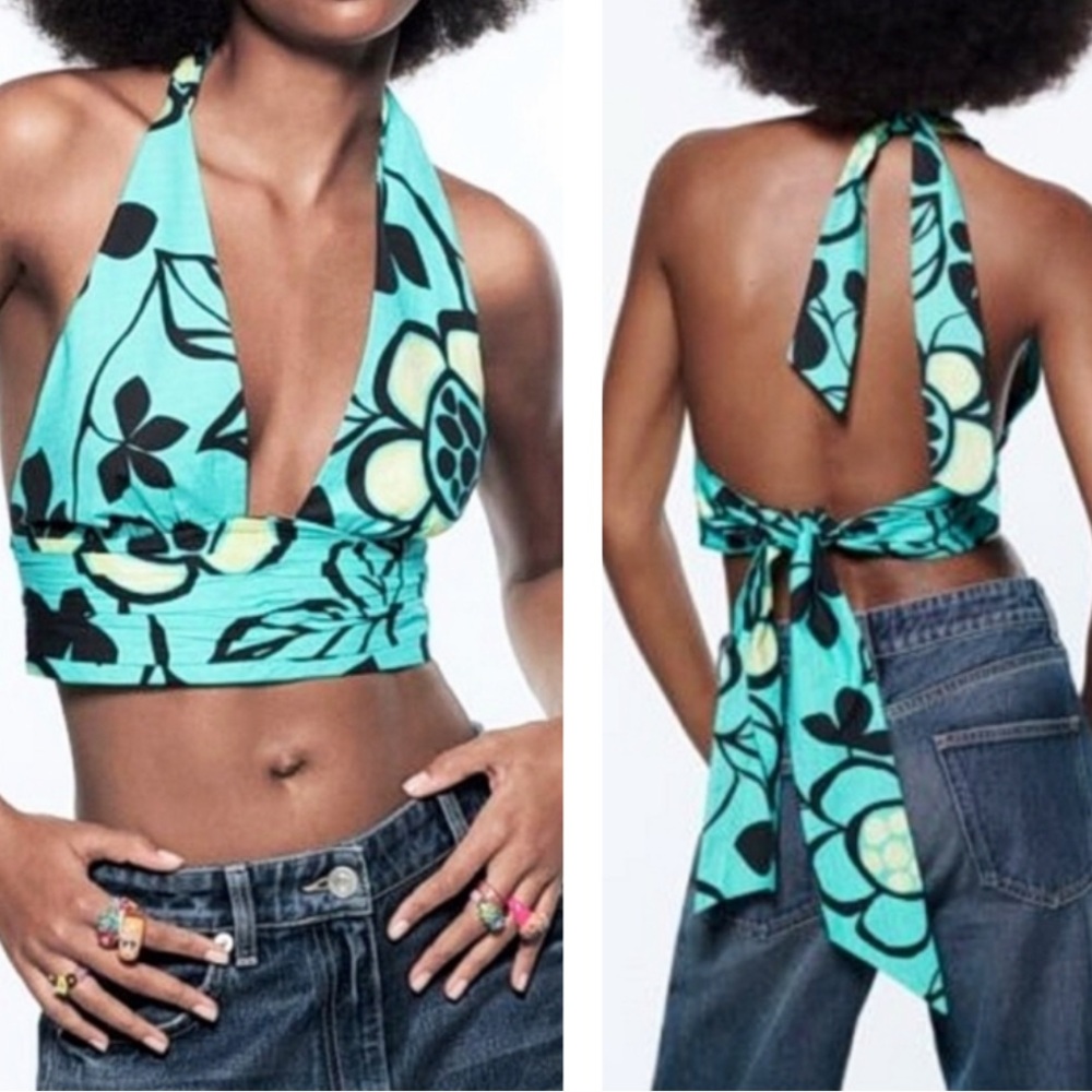 NWT Zara Aqua Neon Blue Printed Cropped Ruched Halter Top - M